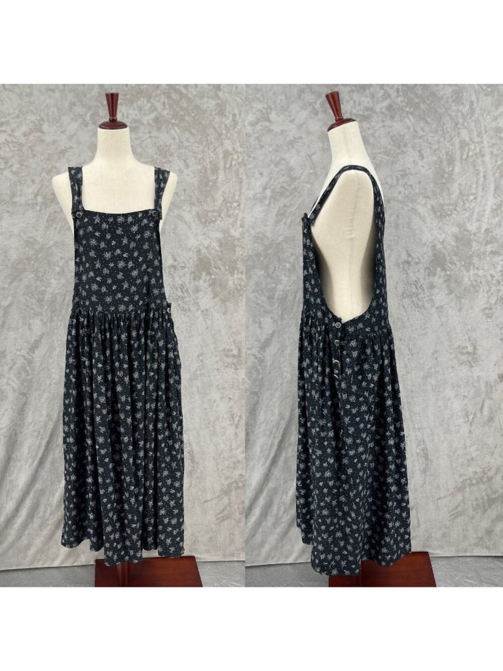Vintage 90s Black Floral Allover Rose Print Rayon Maxi Jumper Dress